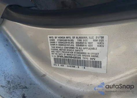 2008 Honda Odyssey Ex-L из США, поврежденный, VIN 5FNRL38628B408599